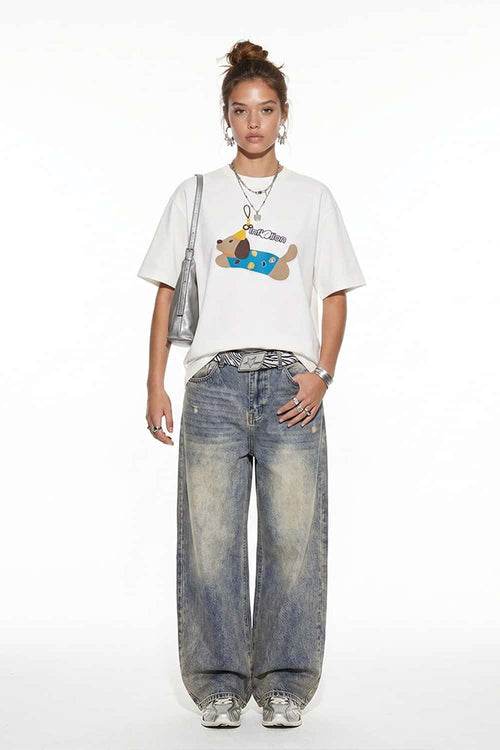 Playful Dog Graphic T-Shirt - White