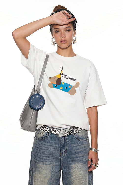 Playful Dog Graphic T-Shirt - White