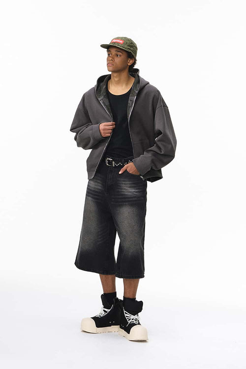 Camo Reversible Boxy Zip Hoodie - Dark Gray