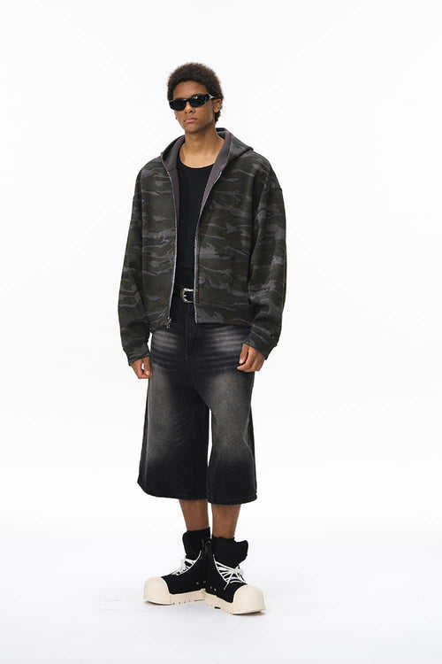 Camo Reversible Boxy Zip Hoodie - Dark Gray