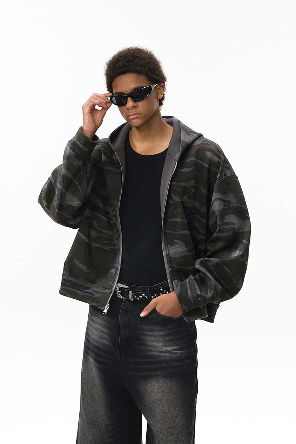 Camo Reversible Boxy Zip Hoodie - Dark Gray