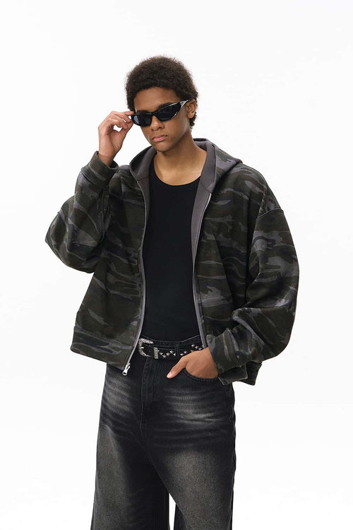Camo Reversible Boxy Zip Hoodie - Dark Gray