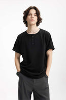 Heavyweight Cotton Henley Tee - Black