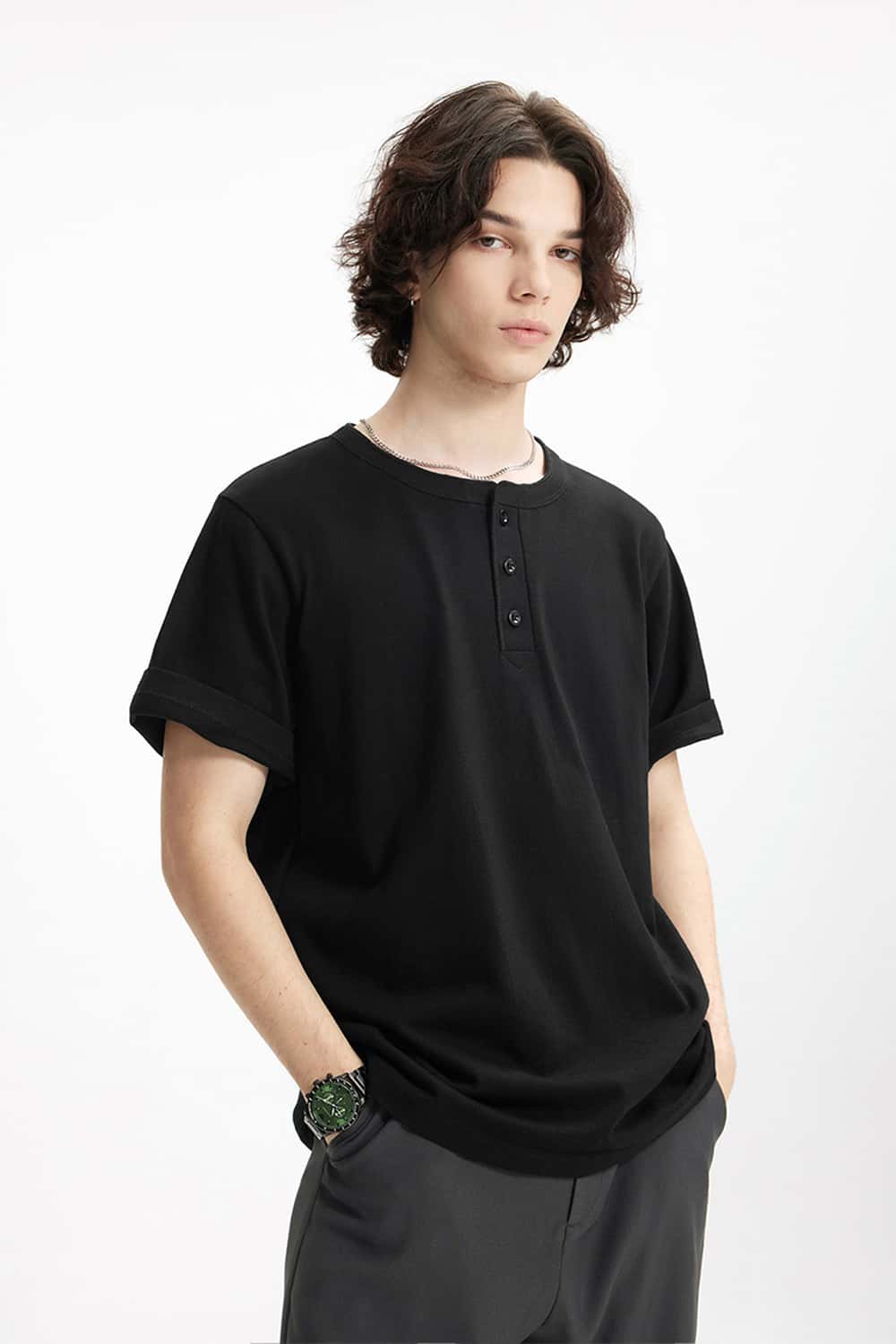 Heavyweight Cotton Henley Tee - Black