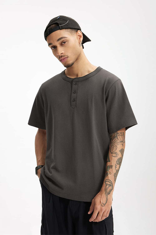 Heavyweight Cotton Henley Tee - Dark Gray