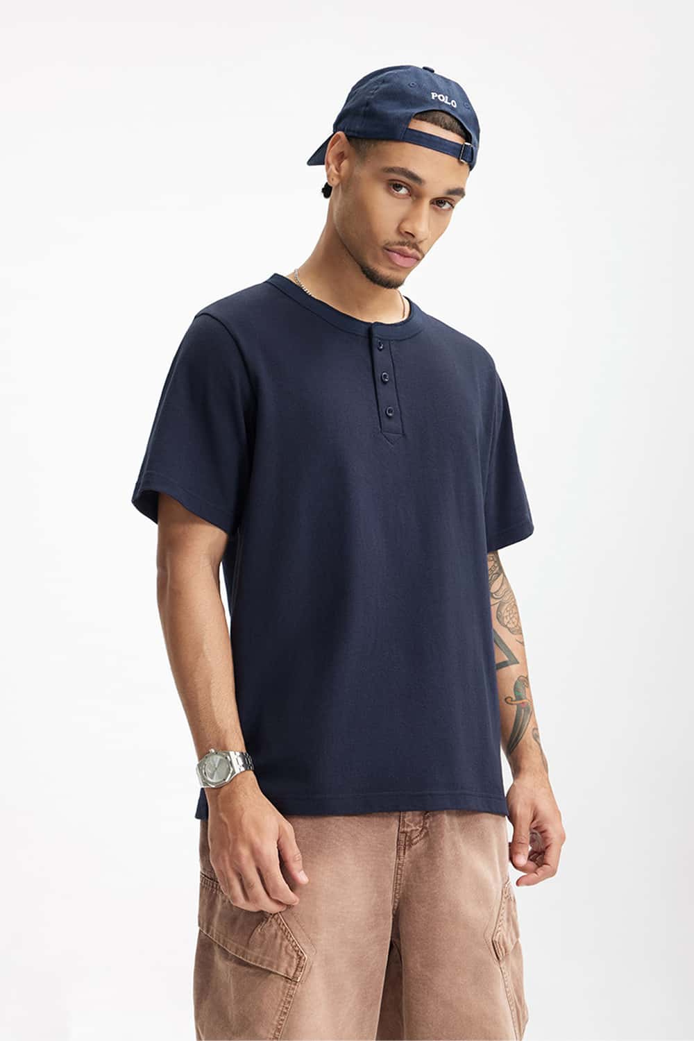 Heavyweight Cotton Henley Tee - Navy Blue