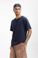 Heavyweight Cotton Henley Tee - Navy Blue
