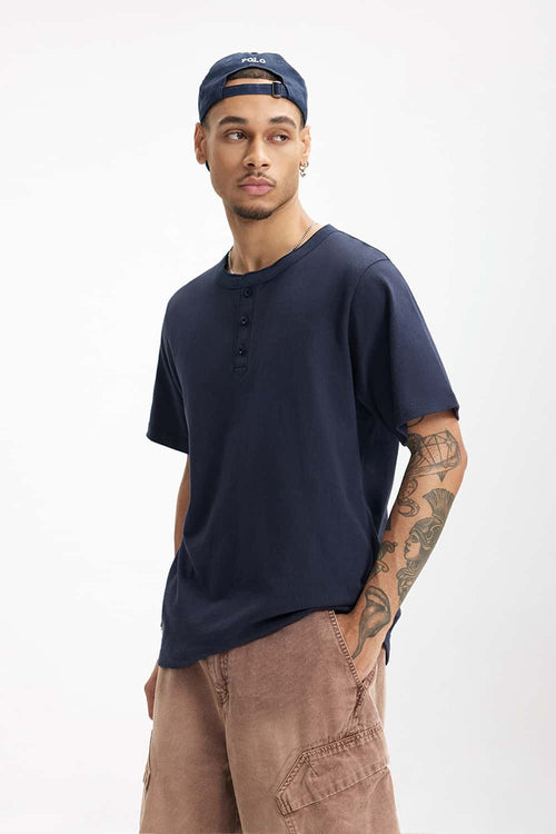 Heavyweight Cotton Henley Tee - Navy Blue