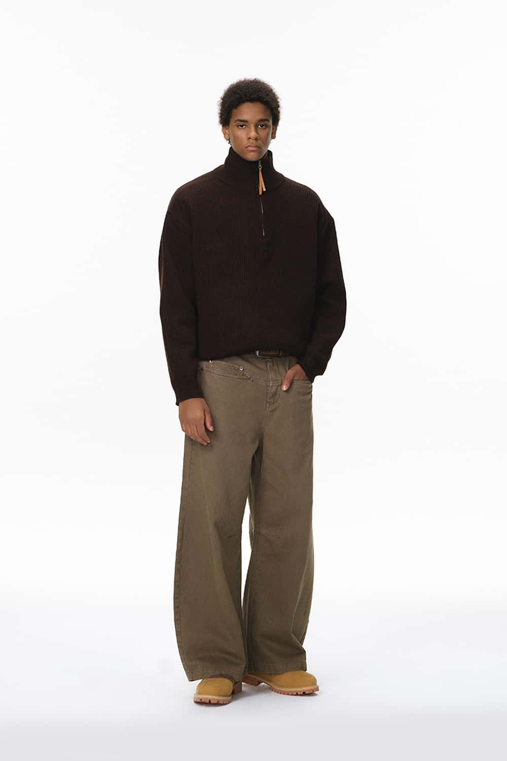 Washed Rivet Wide-Leg Pants - Dark Khaki