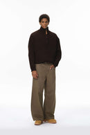 Washed Rivet Wide-Leg Pants - Dark Khaki