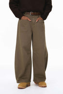 Washed Rivet Wide-Leg Pants - Dark Khaki