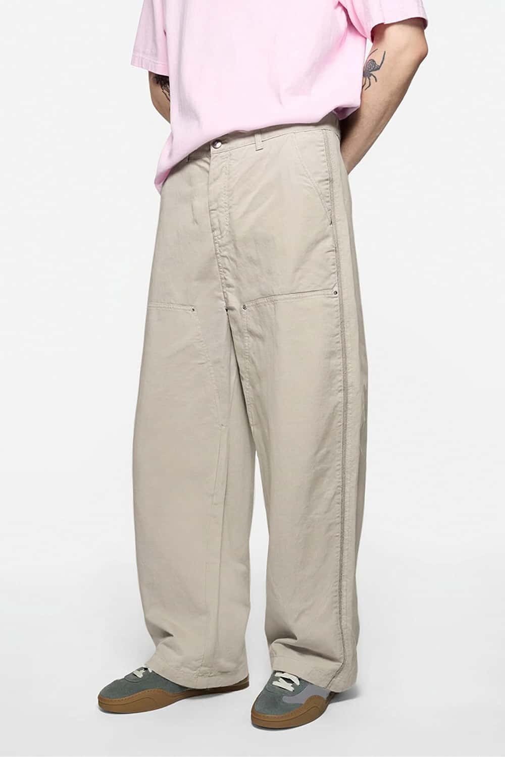 Washed Utility Wide-Leg Pants - Apricot