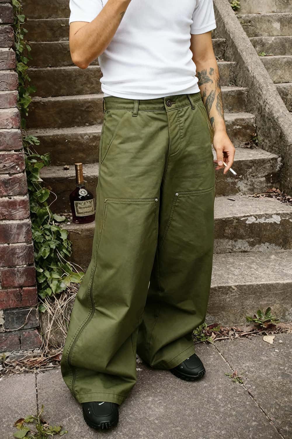 Washed Utility Wide-Leg Pants - Military Green