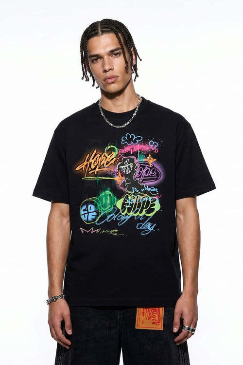 Graffiti Graphic Loose T-Shirt - Black