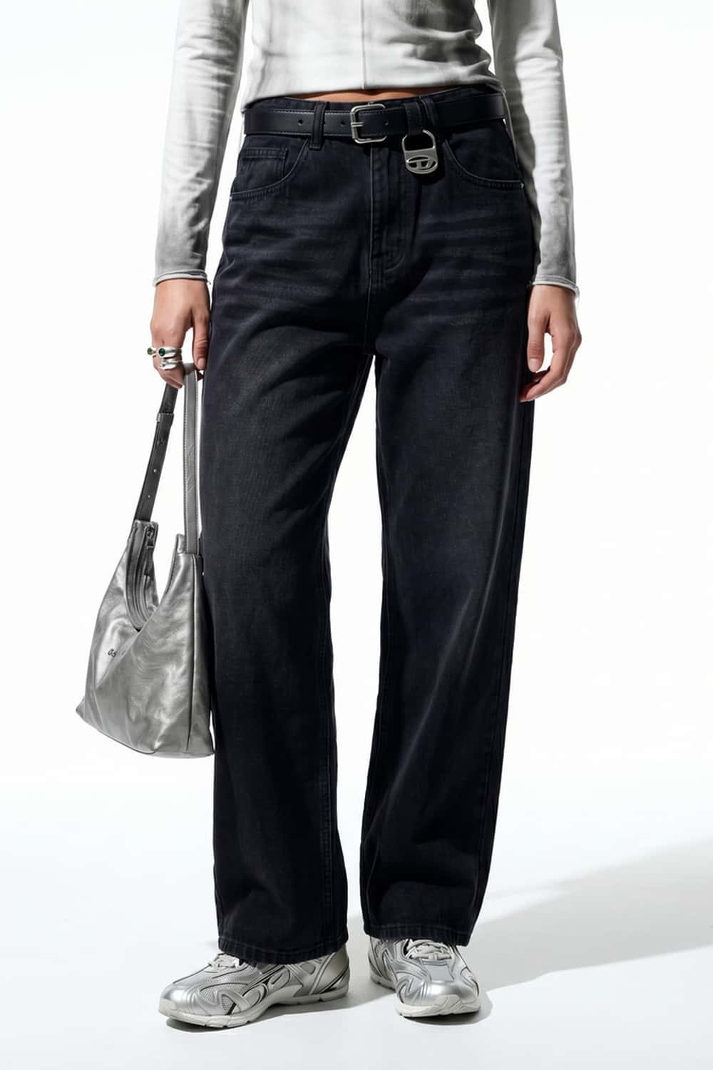 Washed Five-Pocket Straight Jeans - Charcoal Gray