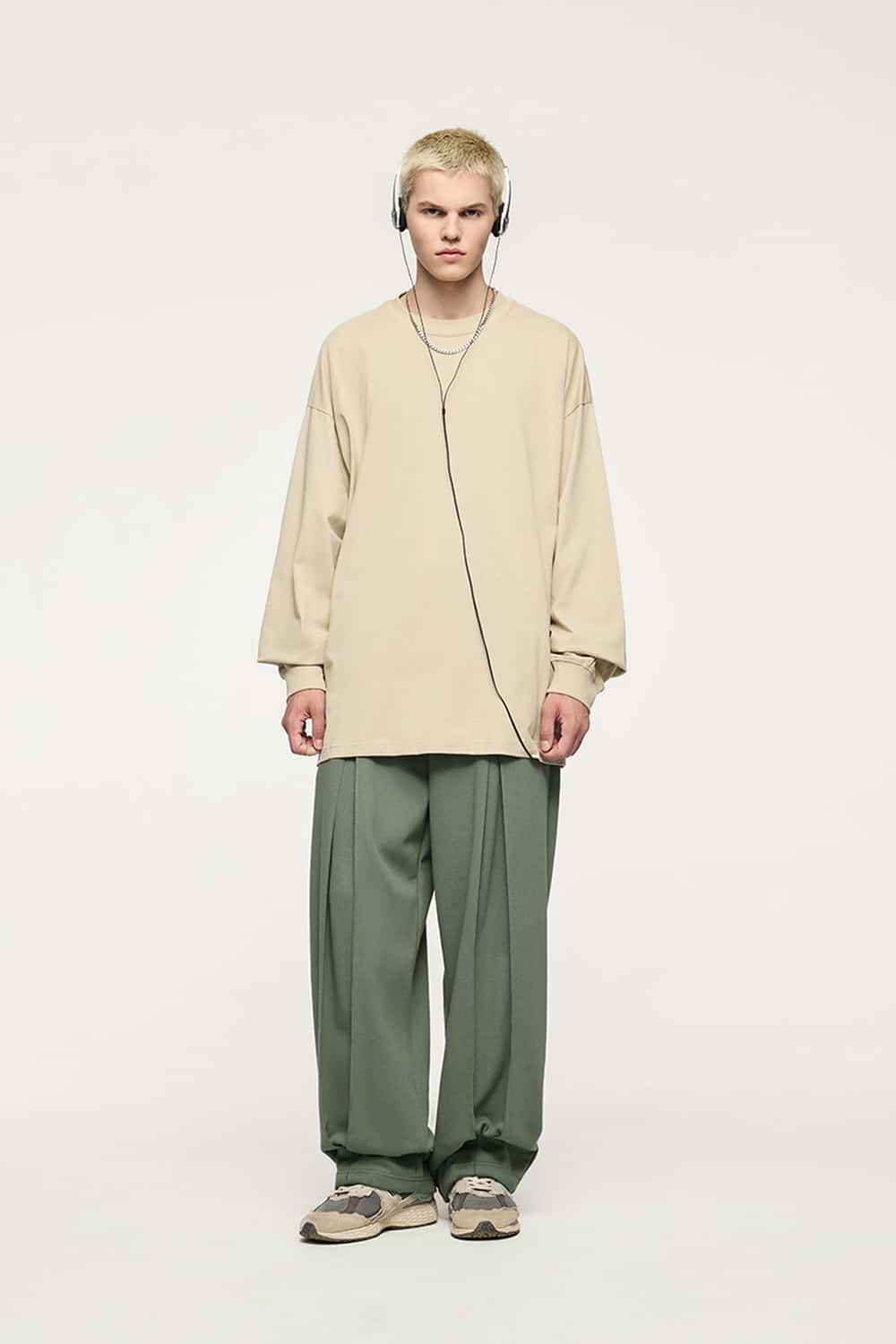 Pleated Wide-Leg Sweatpants - Grayish Green