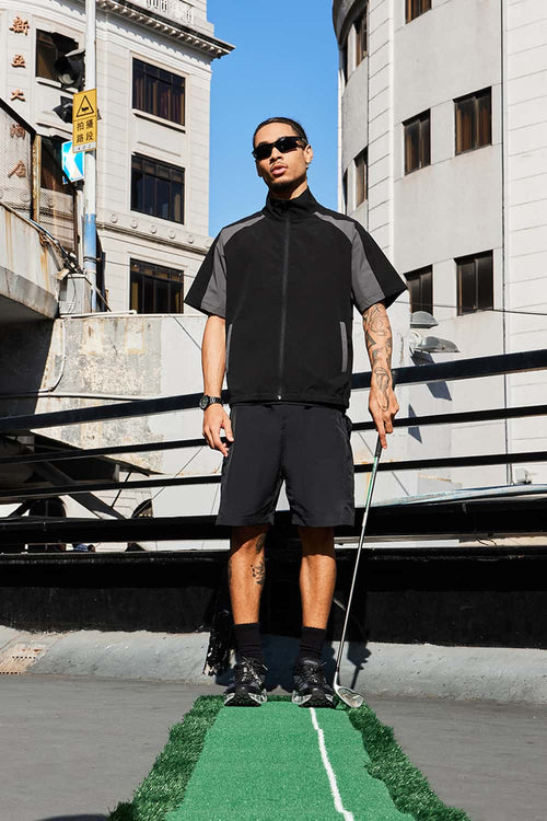 Water-Repellent Colorblock Short-Sleeve Jacket - Black