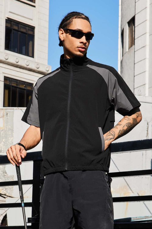 Water-Repellent Colorblock Short-Sleeve Jacket - Black