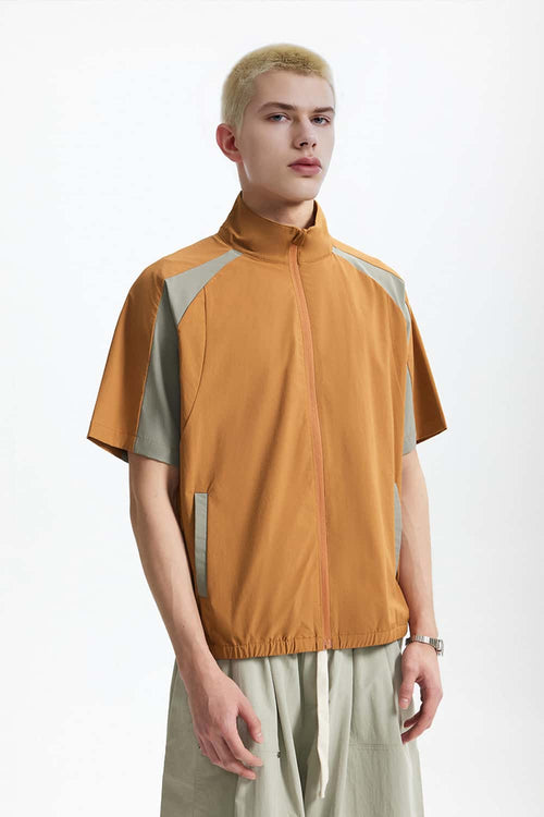 Water-Repellent Colorblock Short-Sleeve Jacket - Brown