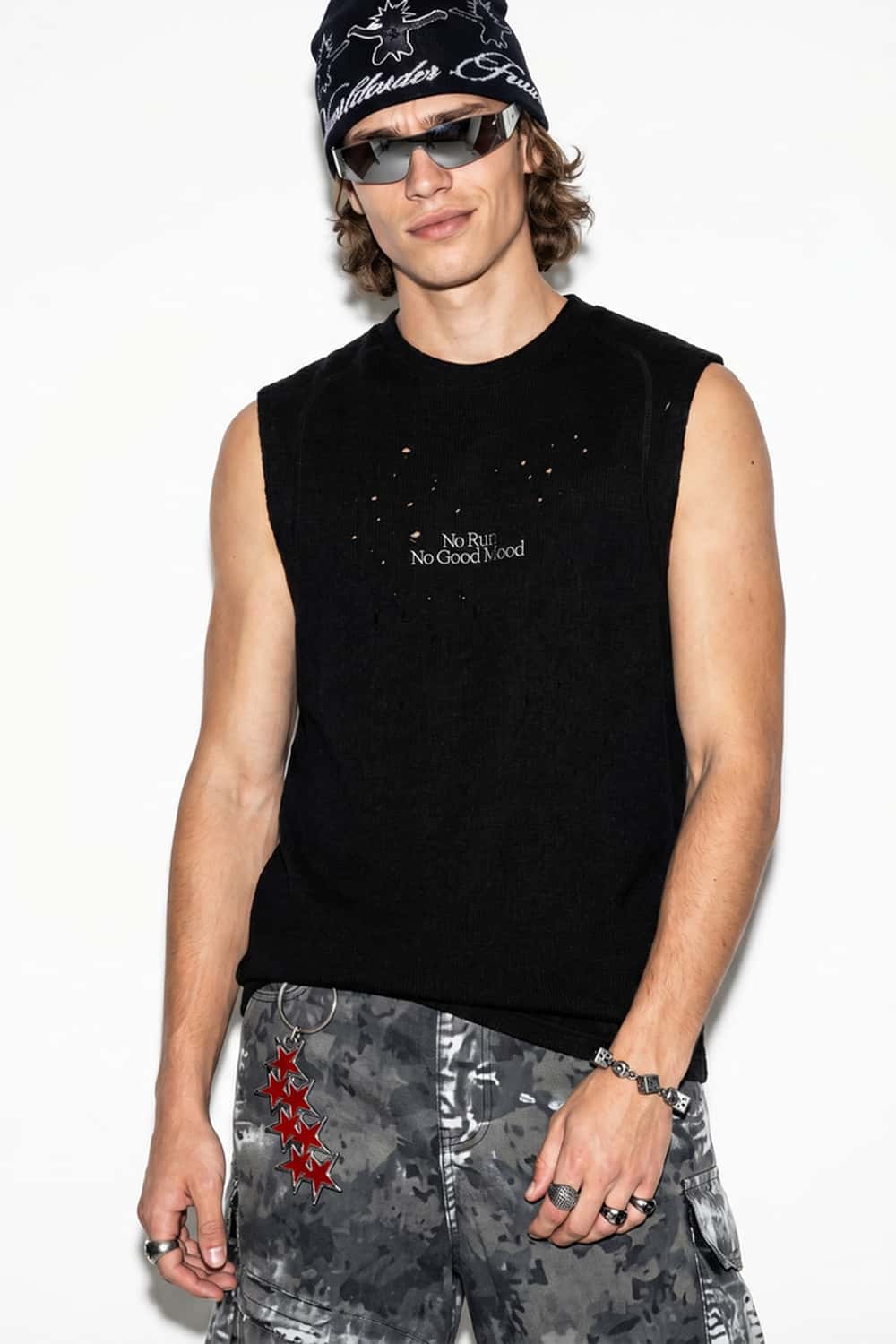 Distressed Graphic Sleeveless T-Shirt - Active Black