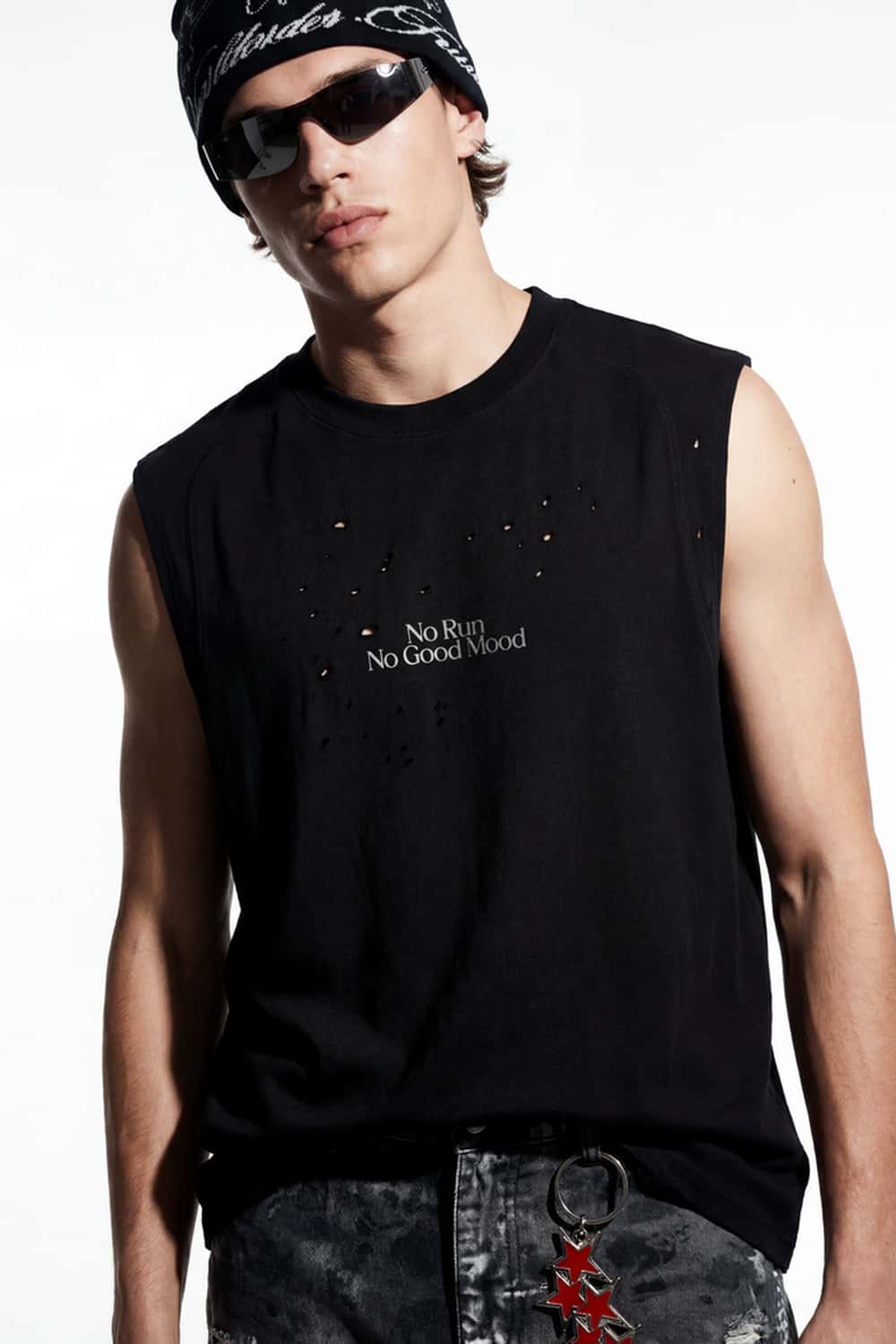 Distressed Graphic Sleeveless T-Shirt - Active Black