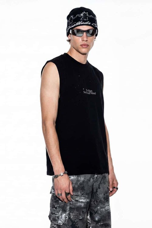 Distressed Graphic Sleeveless T-Shirt - Active Black