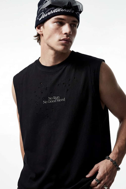 Distressed Graphic Sleeveless T-Shirt - Active Black