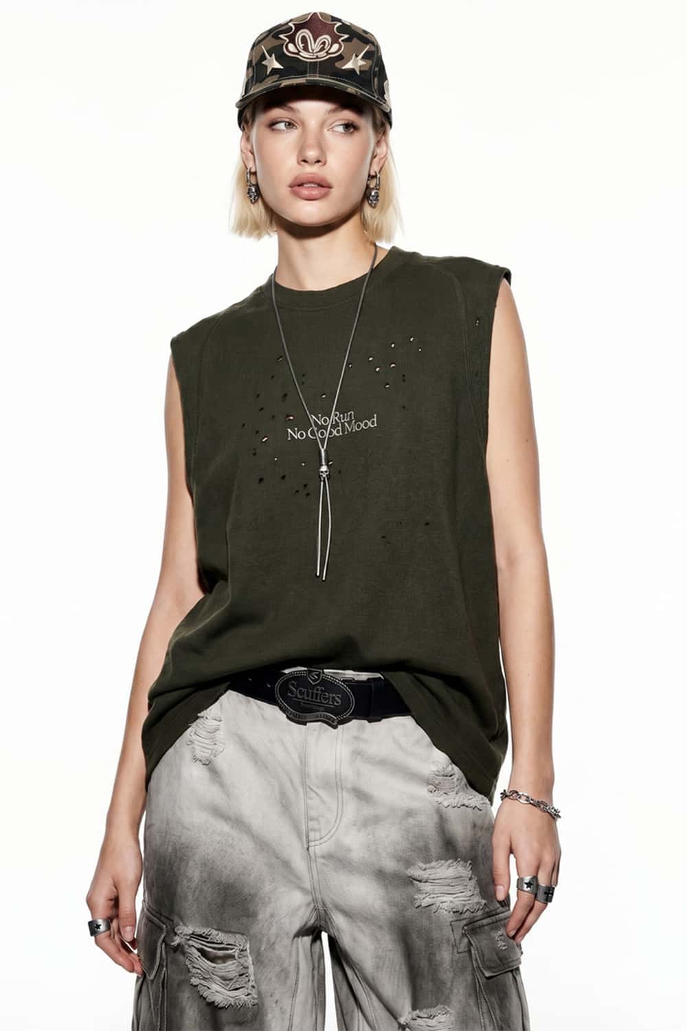 Distressed Graphic Sleeveless T-Shirt - Blackish Green