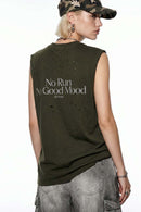 Distressed Graphic Sleeveless T-Shirt - Blackish Green