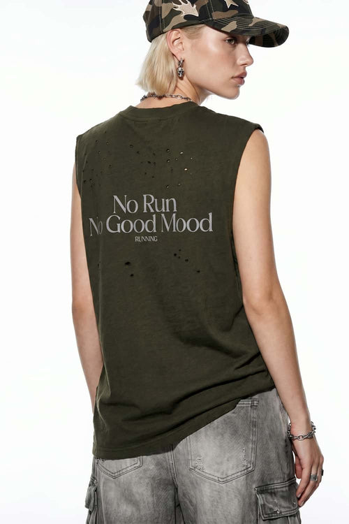 Distressed Graphic Sleeveless T-Shirt - Blackish Green