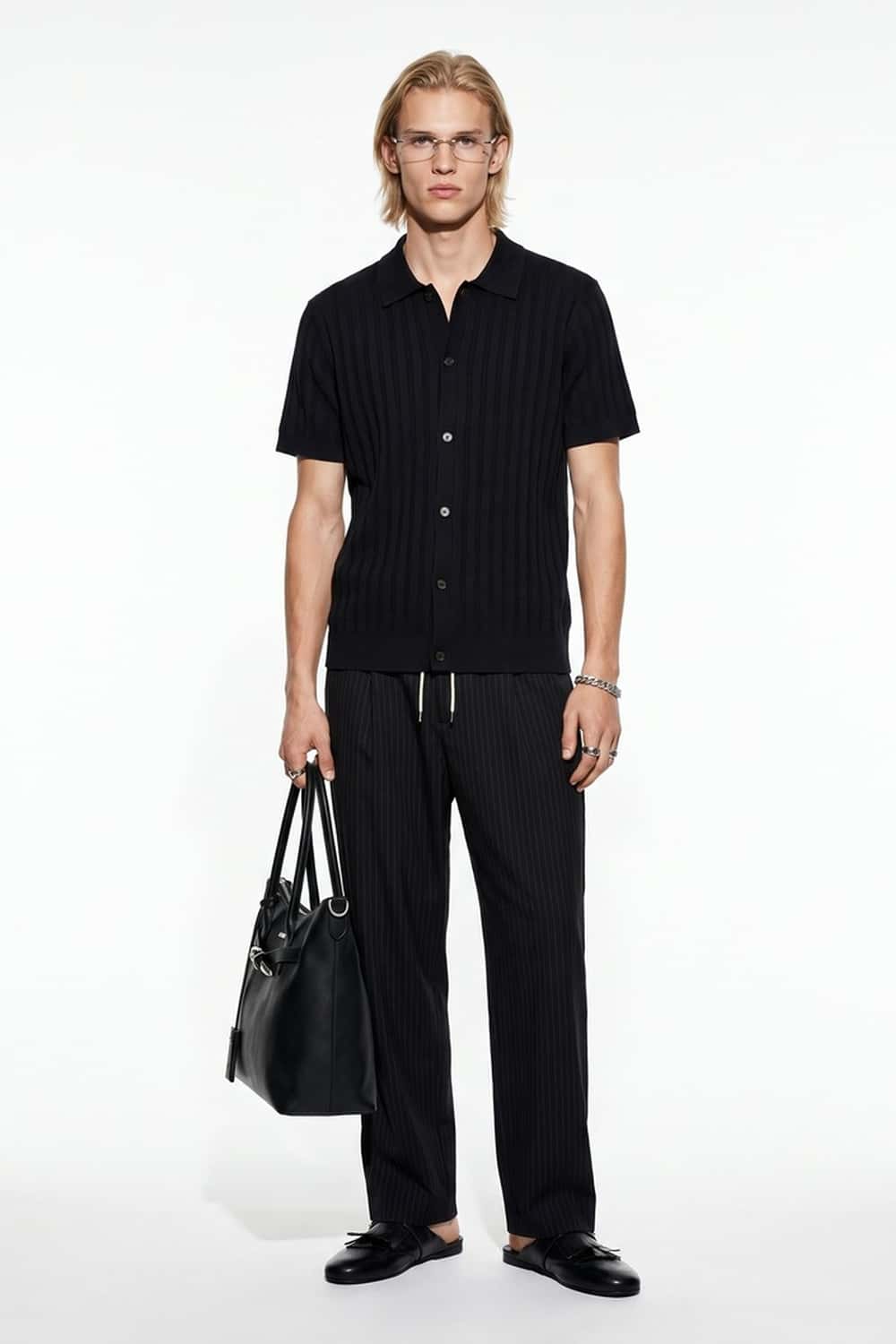 Button-Front Short-Sleeve Knit Shirt in Black - full-length front modeled view