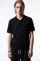 Button-Front Short-Sleeve Knit Shirt in Black - front modeled close-up