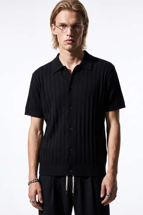 Button-Front Short-Sleeve Knit Shirt in Black - front modeled close-up