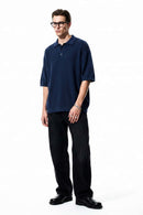 Button-Front Short-Sleeve Knit Shirt in Navy Blue - full-length front modeled view