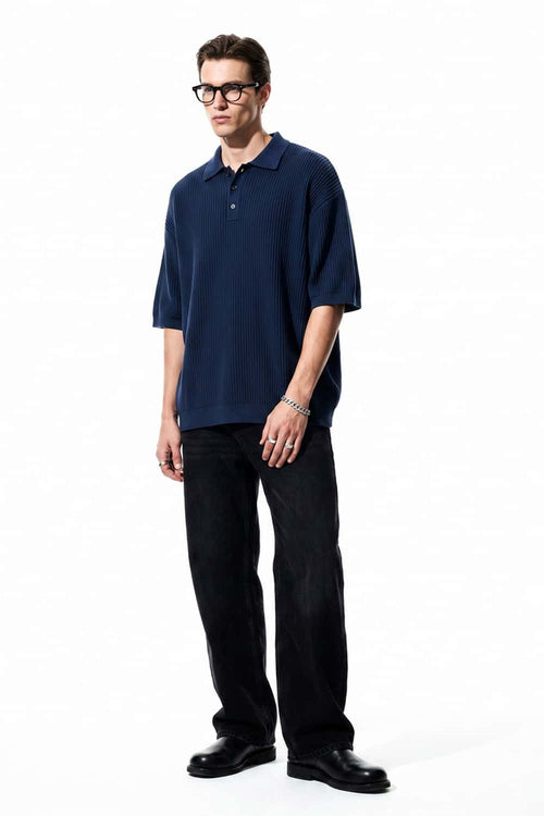 Button-Front Short-Sleeve Knit Shirt in Navy Blue - full-length front modeled view