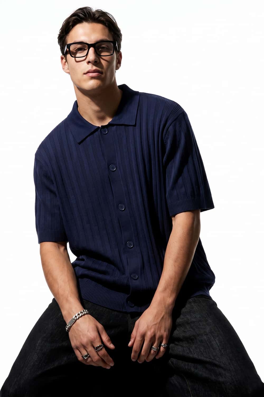 Button-Front Short-Sleeve Knit Shirt in Navy Blue - front modeled view