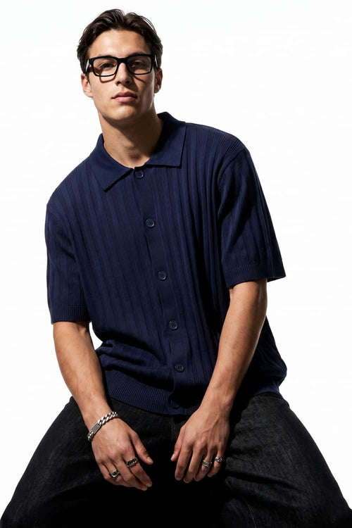 Button-Front Short-Sleeve Knit Shirt in Navy Blue - front modeled view