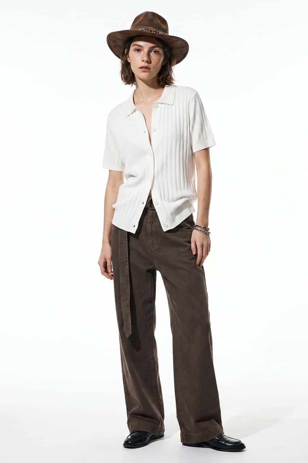 Button-Front Short-Sleeve Knit Shirt in White - full-length front modeled view