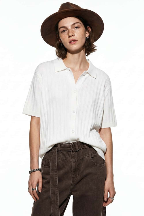 Button-Front Short-Sleeve Knit Shirt in White - front modeled close-up