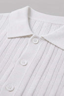 Button-Front Short-Sleeve Knit Shirt in White - collar and placket close-up