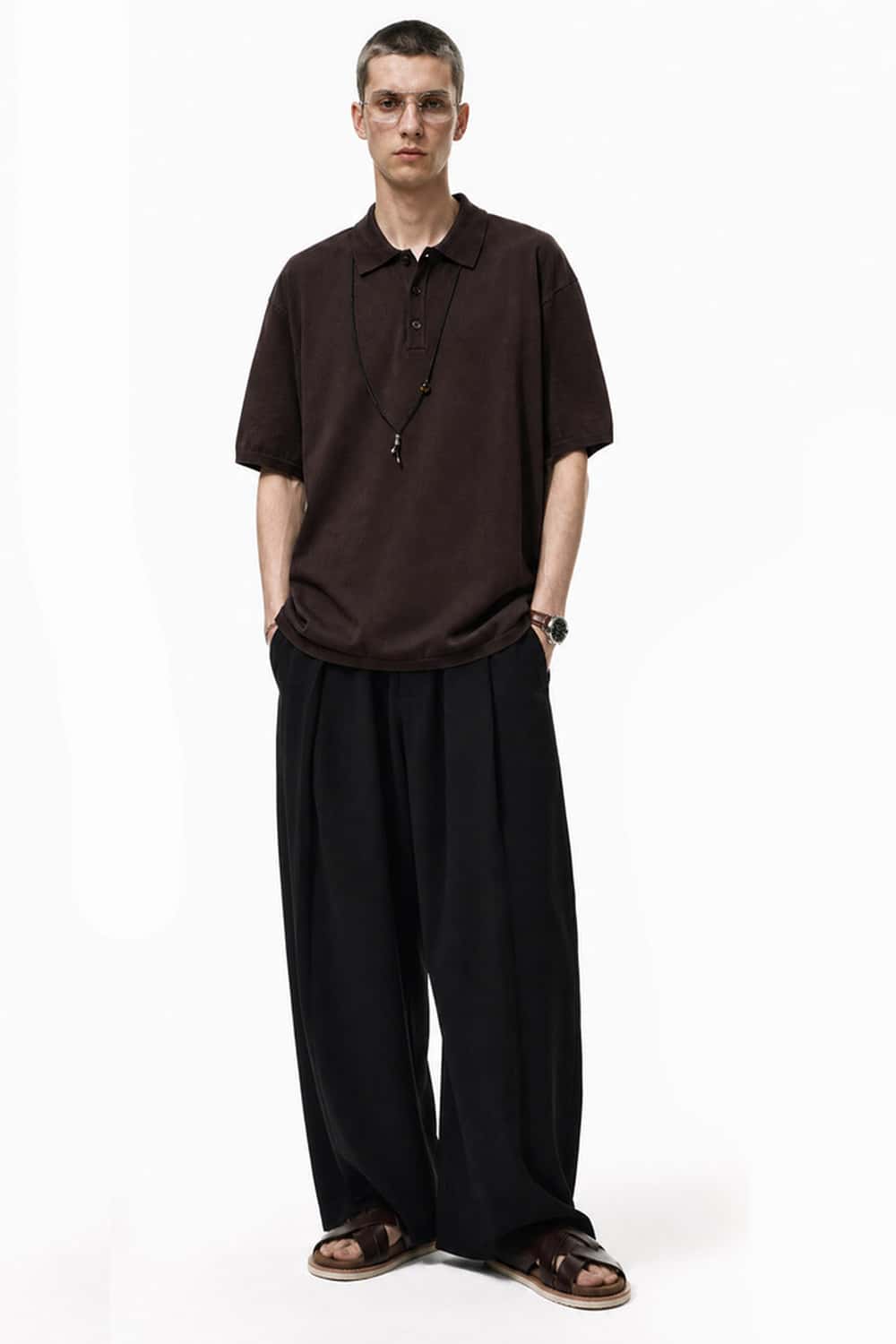 Relaxed Cotton Knit Polo Shirt in Reddish Brown - full-length front modeled view