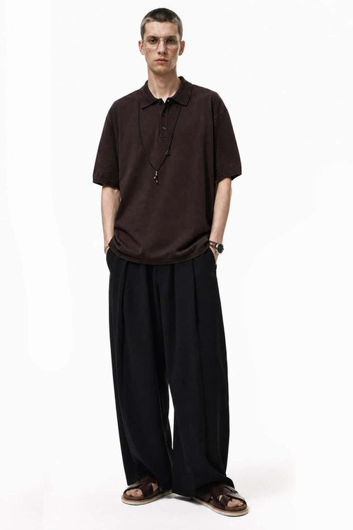 Relaxed Cotton Knit Polo Shirt in Reddish Brown - full-length front modeled view