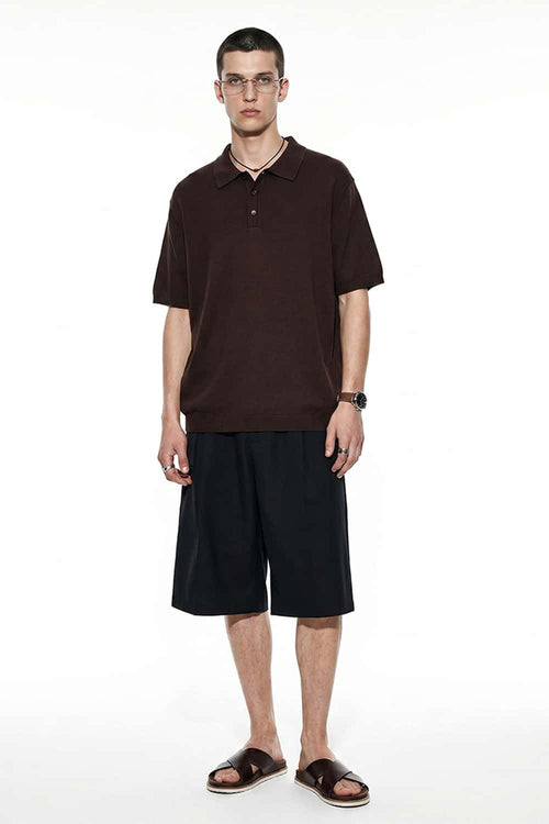 Relaxed Cotton Knit Polo Shirt in Reddish Brown - full-length front modeled view