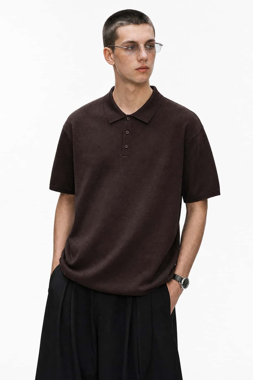 Relaxed Cotton Knit Polo Shirt in Reddish Brown - front modeled view