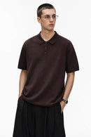 Relaxed Cotton Knit Polo Shirt in Reddish Brown - front modeled view