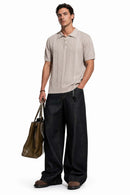 Short-Sleeve Knit Polo with Vertical Texture in Khaki - full-length front modeled view