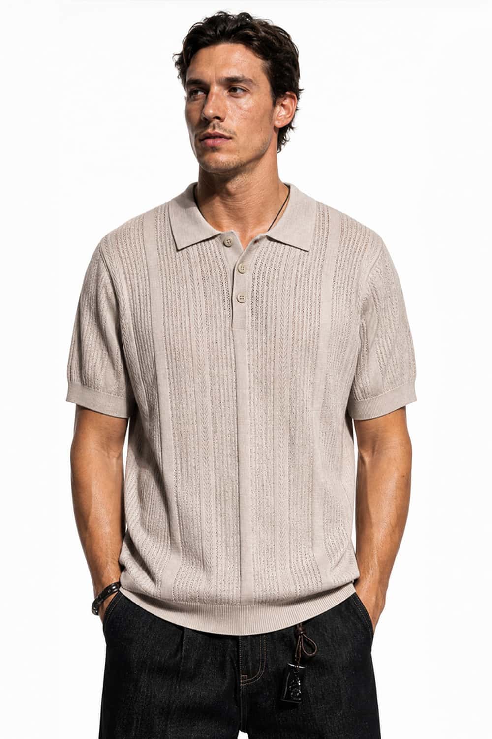Short-Sleeve Knit Polo with Vertical Texture in Khaki - front modeled close-up