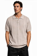 Short-Sleeve Knit Polo with Vertical Texture in Khaki - front modeled close-up