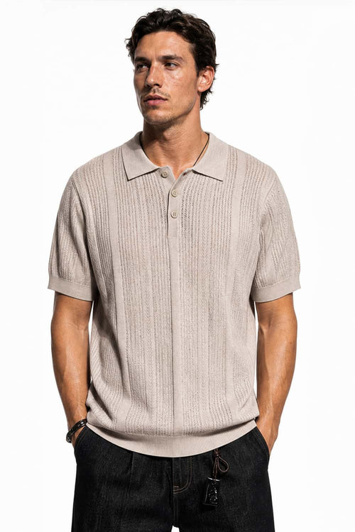 Short-Sleeve Knit Polo with Vertical Texture in Khaki - front modeled close-up