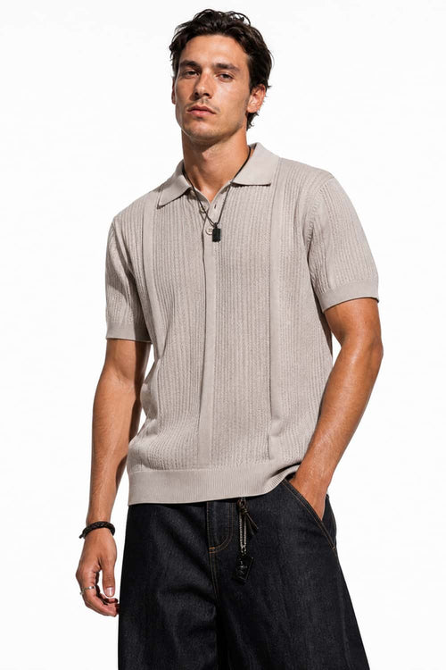 Short-Sleeve Knit Polo with Vertical Texture in Khaki - three-quarter front modeled view